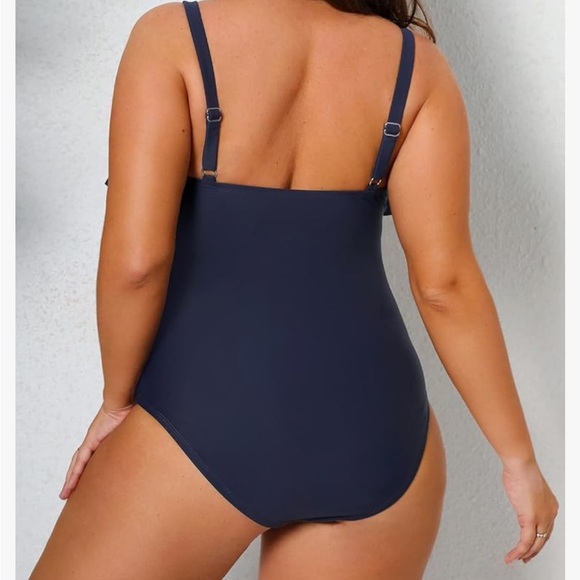 CUPSHE Navy Flowy Ruffle Trim Ruched Front Tummy Control Swimsuit Plus Size 2X - Picture 14 of 15